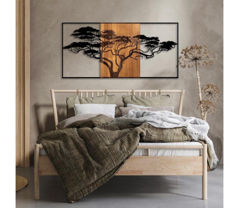 Nástěnná dekorace 147x70 cm strom dřevo/kov