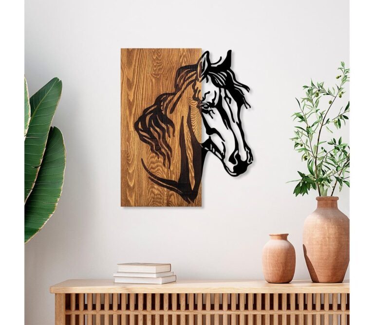 Nástěnná dekorace 48x58 cm kůň dřevo/kov