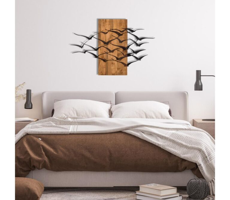 Nástěnná dekorace 86x58 cm ptáci dřevo/kov