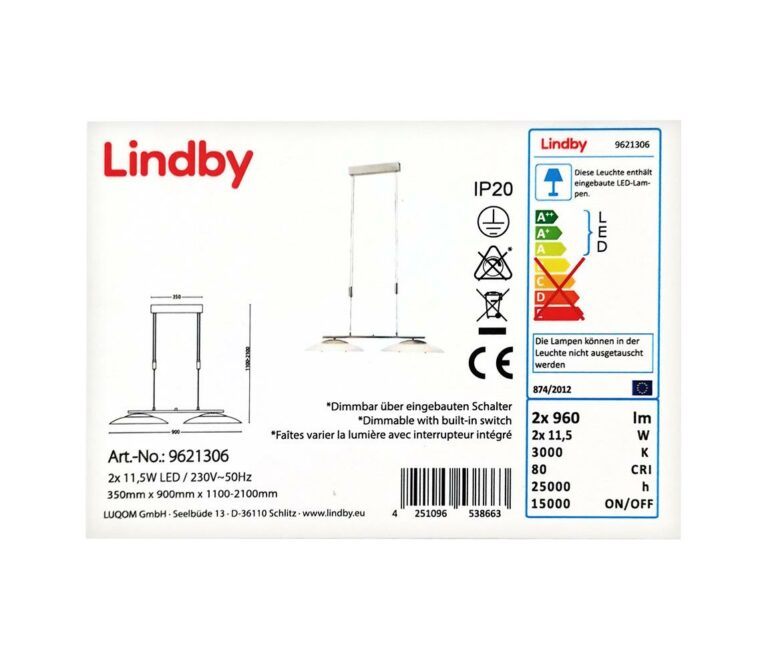 Lampenwelt Lindby - LED Stmívatelný lustr na lanku JUDIE 2xLED/11